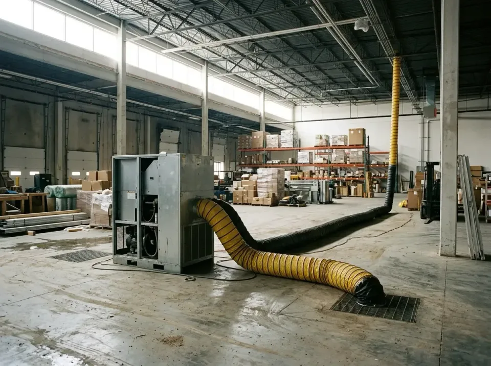 Commercial Dehumidifier — Warehouse Interior — Commercial Dehumidifier, Flexible Ducting, Warehouse Shelving, Warehouse Inte…