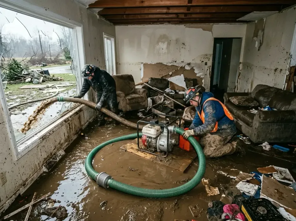 Gas-powered Water Pump — Water Damage Restoration — Gas-powered Water Pump, Green Suction Hose, Discharge Hose, Water Damage…