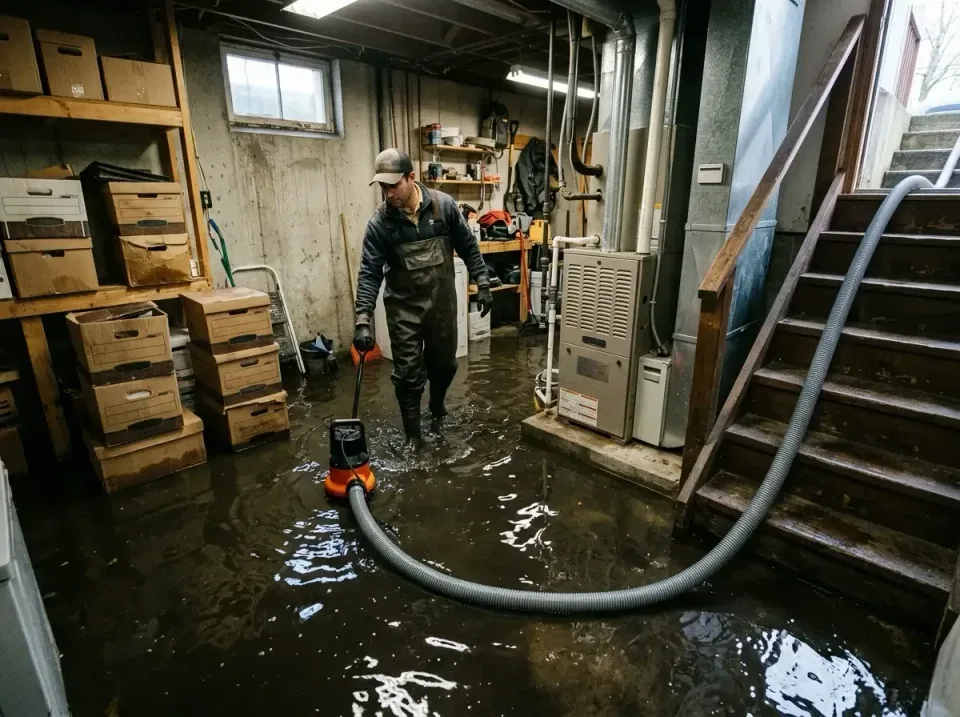 Submersible Pump — Flooded Basement — Submersible Pump, Extraction Hose, Technician, Flooded Basement, Emergency Water Extra…