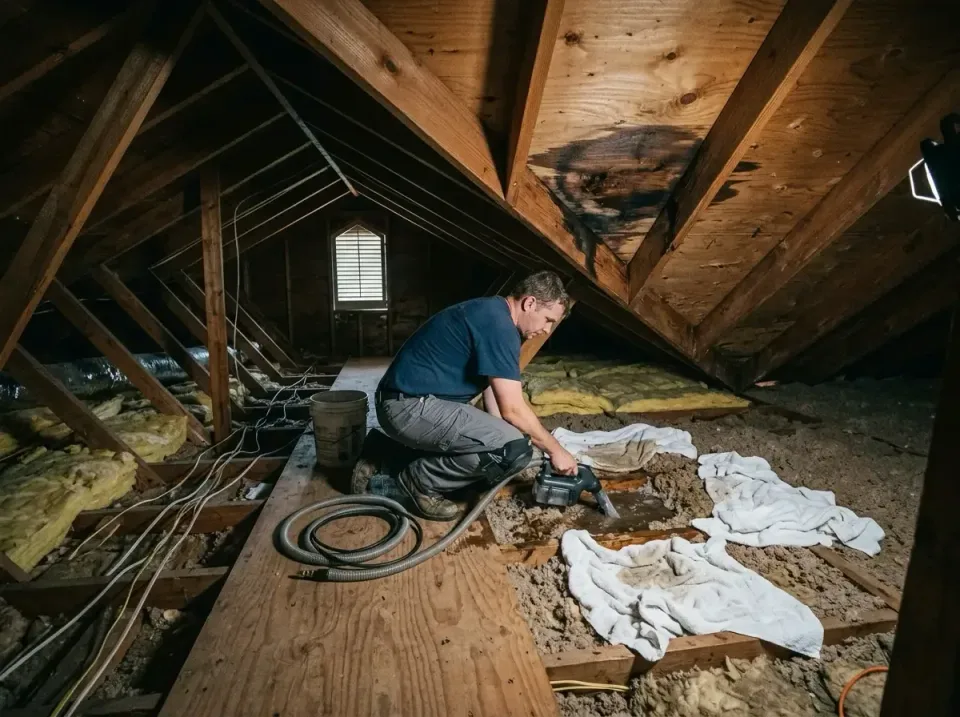 Technician — Residential Attic — Technician, Wet Vacuum Extractor, Vacuum Hose, Residential Attic, Emergency Water Extractio…