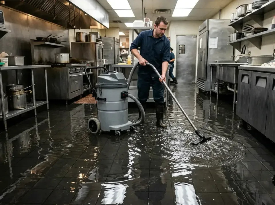 Wet Vacuum — Commercial Kitchen — Wet Vacuum, Vacuum Wand, Worker, Commercial Kitchen, Emergency Water Extraction & Drying i…